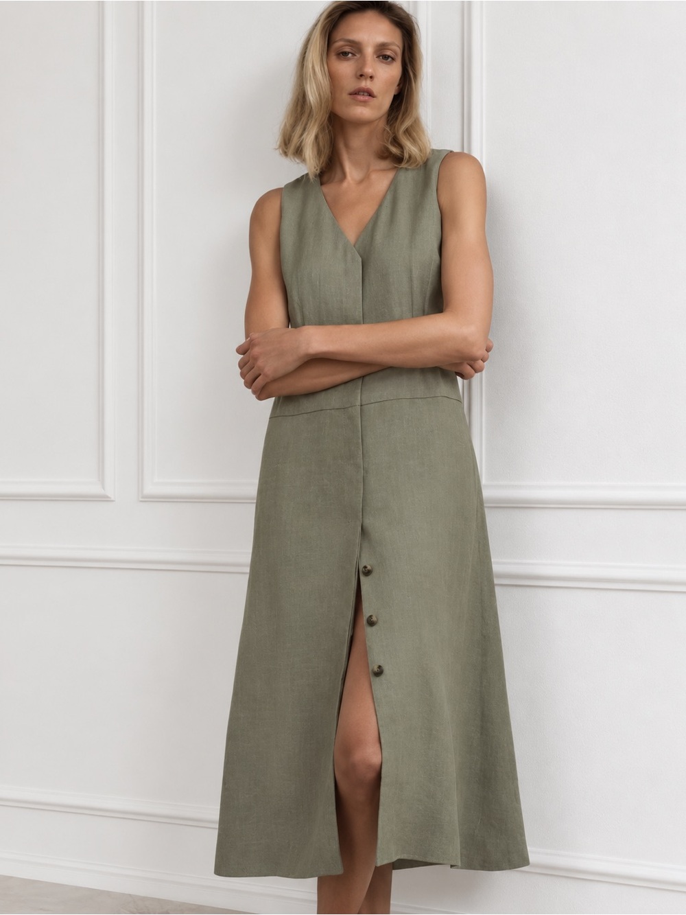 Zara ZW Collection Olive Green Khaki linen-blend sleeveless midi dress, XL NWOT
